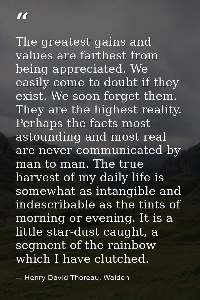The greatest gains and values are farthest from being appreciated. We easily come to doubt if they exist. We soon forget — Henry David Thoreau, Walden