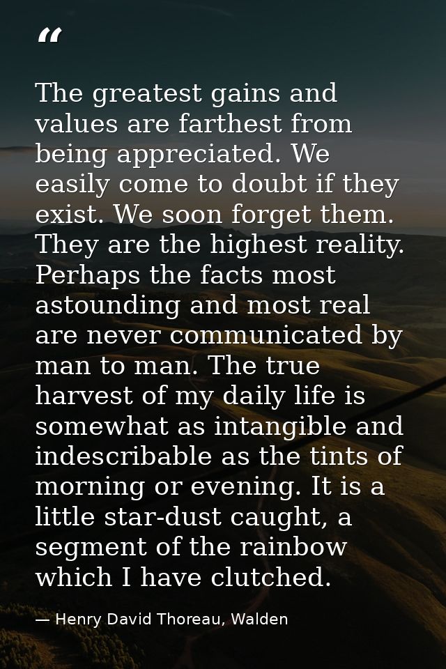 The greatest gains and values are farthest from being appreciated. We easily come to doubt if they exist. We soon forget — Henry David Thoreau, Walden
