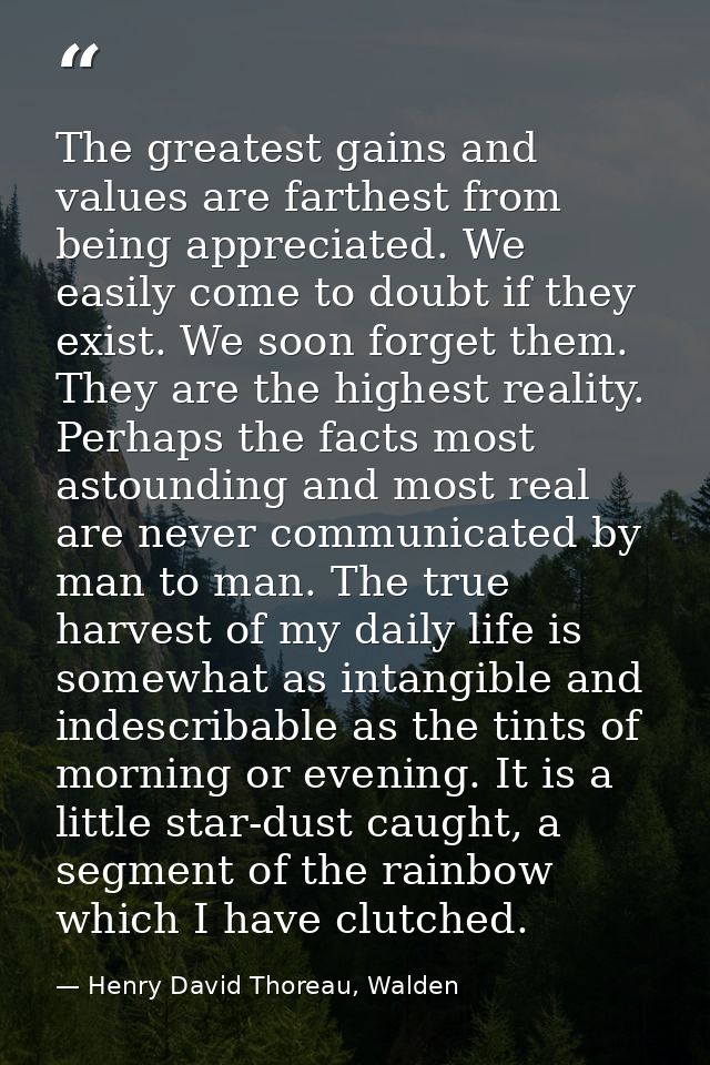 The greatest gains and values are farthest from being appreciated. We easily come to doubt if they exist. We soon forget — Henry David Thoreau, Walden