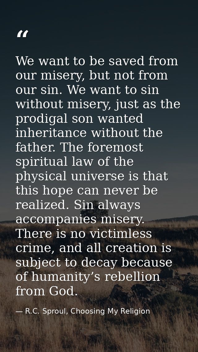 We want to be saved from our misery, but not from our sin. We want to sin without misery, just as the prodigal son wante — R.C. Sproul, Choosing My Religion