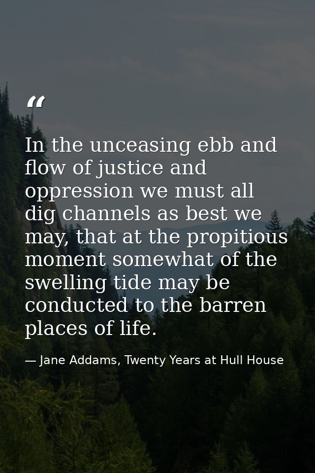In the unceasing ebb and flow of justice and oppression we must all dig channels as best we may, that at the propitious  — Jane Addams, Twenty Years at Hull House