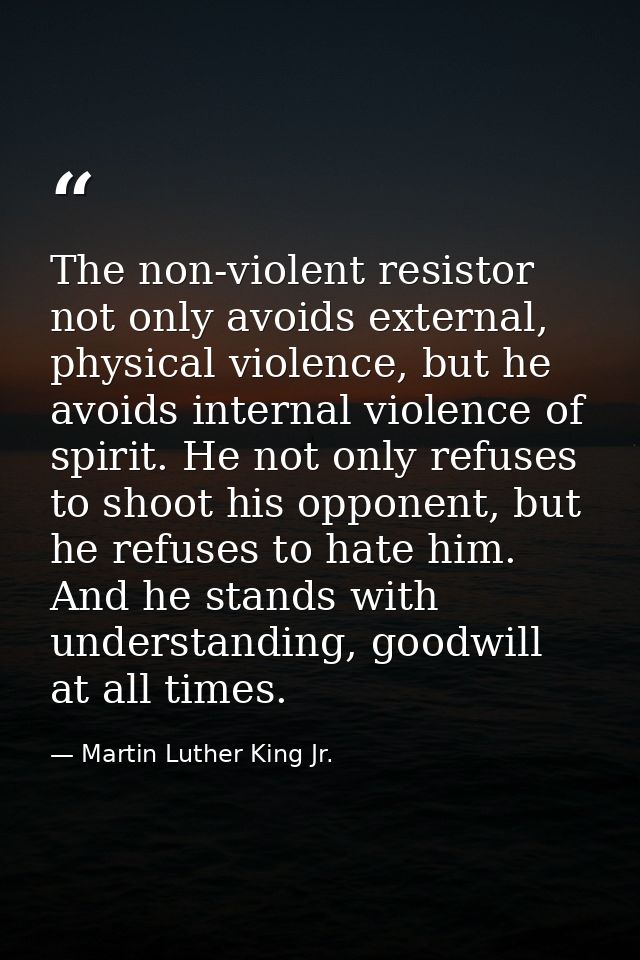 The non-violent resistor not only avoids external, physical violence, but he avoids internal violence of spirit. He not  — Martin Luther King Jr.