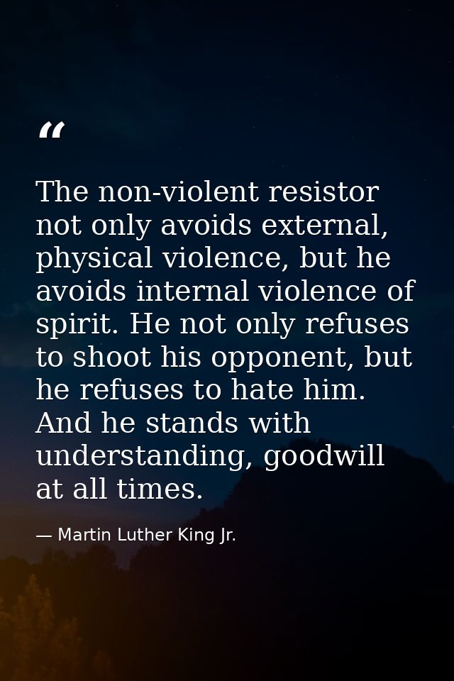 The non-violent resistor not only avoids external, physical violence, but he avoids internal violence of spirit. He not  — Martin Luther King Jr.