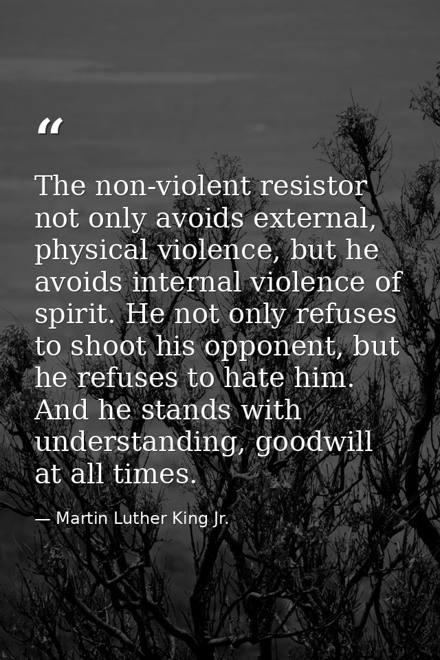 The non-violent resistor not only avoids external, physical violence, but he avoids internal violence of spirit. He not  — Martin Luther King Jr.