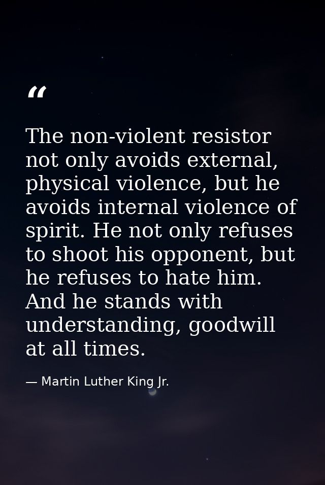 The non-violent resistor not only avoids external, physical violence, but he avoids internal violence of spirit. He not  — Martin Luther King Jr.