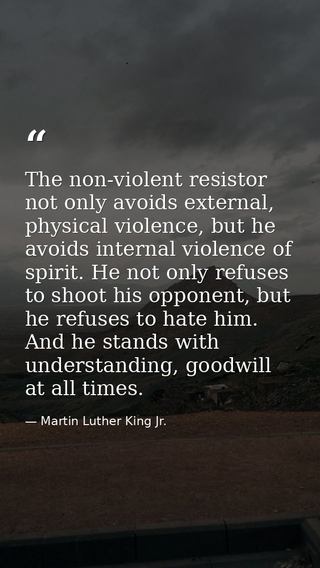 The non-violent resistor not only avoids external, physical violence, but he avoids internal violence of spirit. He not  — Martin Luther King Jr.