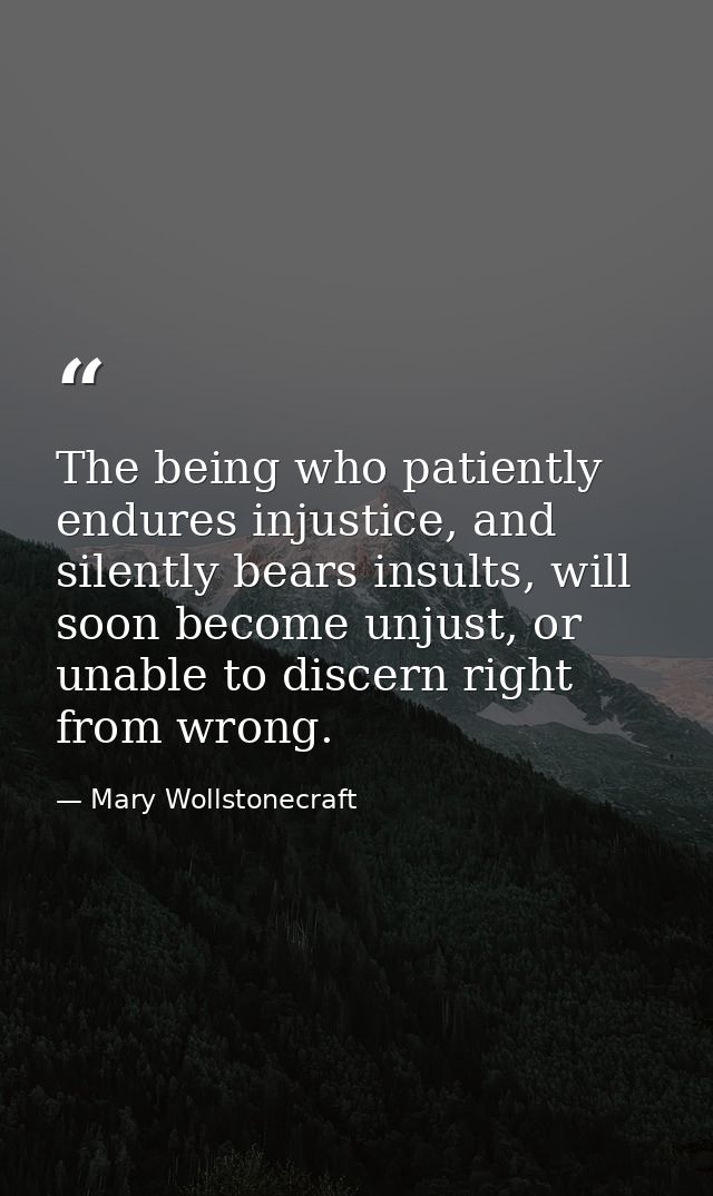 The being who patiently endures injustice, and silently bears insults, will soon become unjust, or unable to discern rig — Mary Wollstonecraft