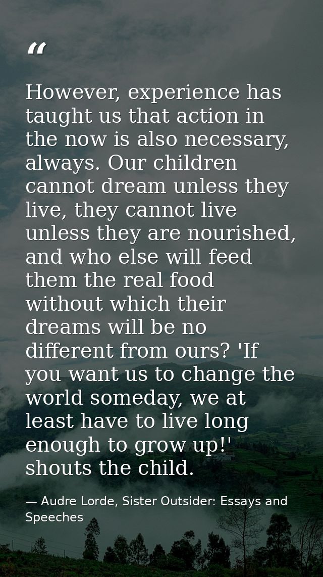 However, experience has taught us that action in the now is also necessary, always. Our children cannot dream unless the — Audre Lorde, Sister Outsider: Essays and Speeches