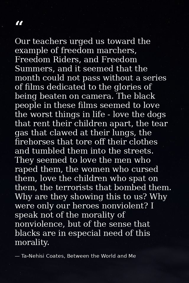 Our teachers urged us toward the example of freedom marchers, Freedom Riders, and Freedom Summers, and it seemed that th — Ta-Nehisi Coates, Between the World and Me