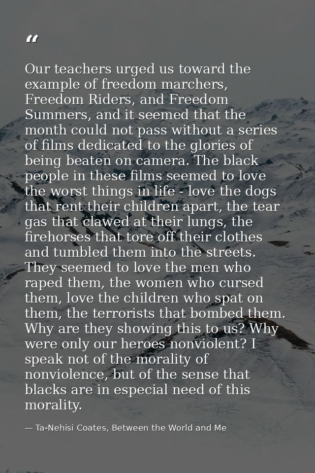 Our teachers urged us toward the example of freedom marchers, Freedom Riders, and Freedom Summers, and it seemed that th — Ta-Nehisi Coates, Between the World and Me