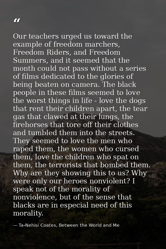 Our teachers urged us toward the example of freedom marchers, Freedom Riders, and Freedom Summers, and it seemed that th — Ta-Nehisi Coates, Between the World and Me