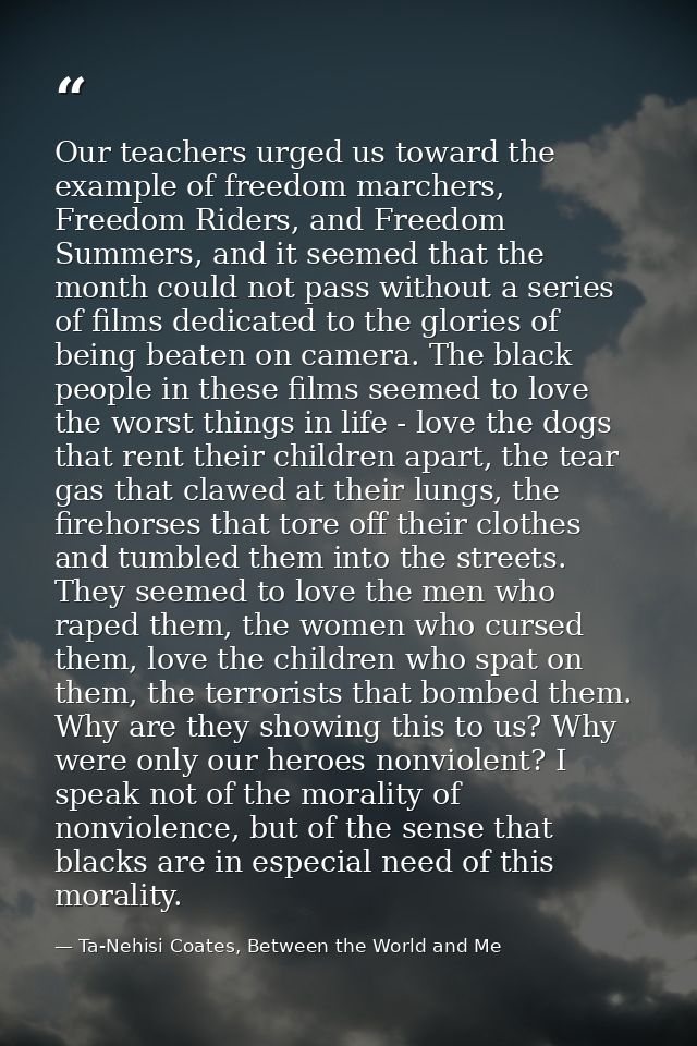 Our teachers urged us toward the example of freedom marchers, Freedom Riders, and Freedom Summers, and it seemed that th — Ta-Nehisi Coates, Between the World and Me