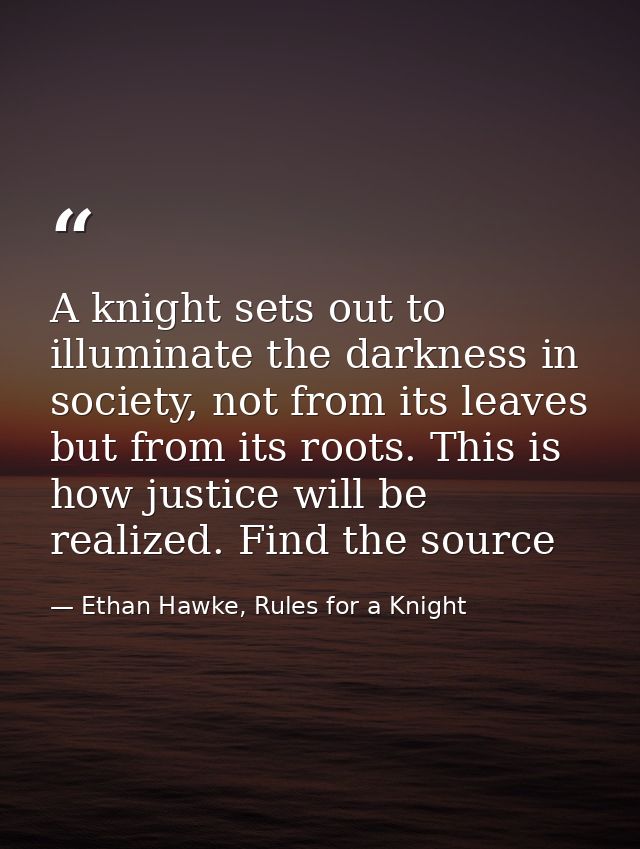 A knight sets out to illuminate the darkness in society, not from its leaves but from its roots. This is how justice wil — Ethan Hawke, Rules for a Knight