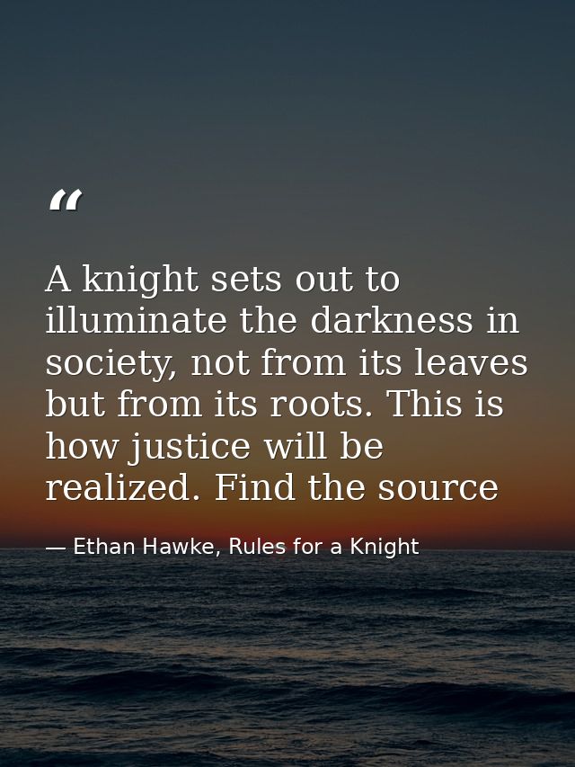 A knight sets out to illuminate the darkness in society, not from its leaves but from its roots. This is how justice wil — Ethan Hawke, Rules for a Knight