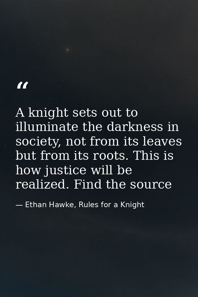 A knight sets out to illuminate the darkness in society, not from its leaves but from its roots. This is how justice wil — Ethan Hawke, Rules for a Knight