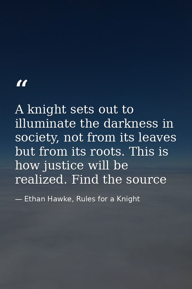 A knight sets out to illuminate the darkness in society, not from its leaves but from its roots. This is how justice wil — Ethan Hawke, Rules for a Knight