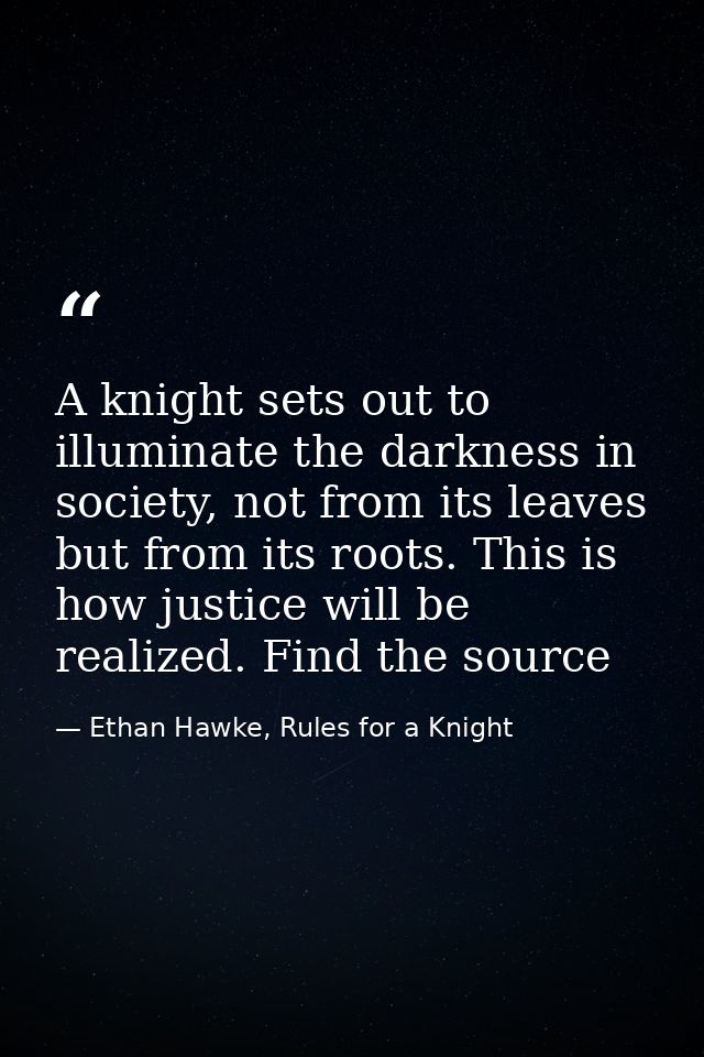 A knight sets out to illuminate the darkness in society, not from its leaves but from its roots. This is how justice wil — Ethan Hawke, Rules for a Knight