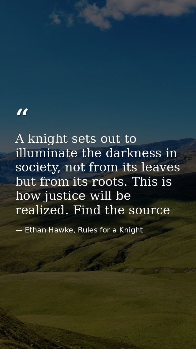 A knight sets out to illuminate the darkness in society, not from its leaves but from its roots. This is how justice wil — Ethan Hawke, Rules for a Knight