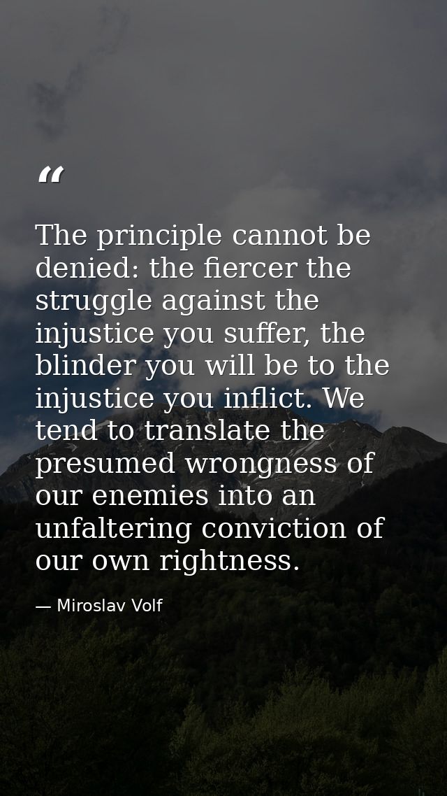 The principle cannot be denied: the fiercer the struggle against the injustice you suffer, the blinder you will be to th — Miroslav Volf