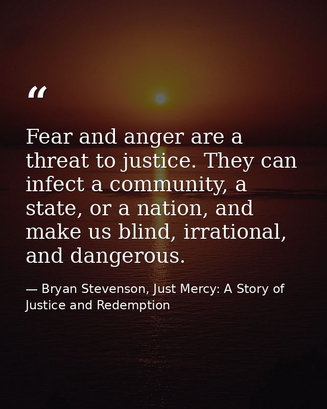 Fear and anger are a threat to justice. They can infect a community, a state, or a nation, and make us blind, irrational — Bryan Stevenson, Just Mercy: A Story of Justice and Redemption