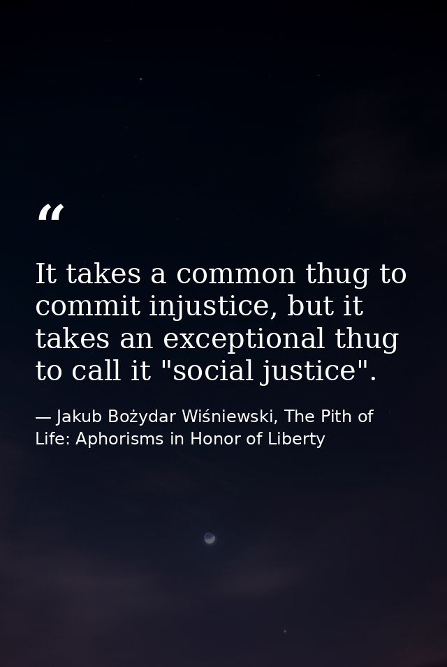 It takes a common thug to commit injustice, but it takes an exceptional thug to call it "social justice". — Jakub Bożydar Wiśniewski, The Pith of Life: Aphorisms in Honor of Liberty