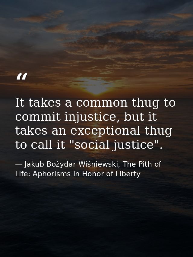 It takes a common thug to commit injustice, but it takes an exceptional thug to call it "social justice". — Jakub Bożydar Wiśniewski, The Pith of Life: Aphorisms in Honor of Liberty