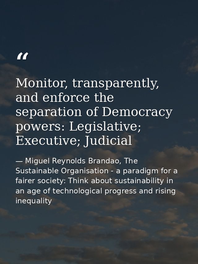 Monitor, transparently, and enforce the separation of Democracy powers: Legislative; Executive; Judicial — Miguel Reynolds Brandao, The Sustainable Organisation - a paradigm for a fairer society: Think about sustainability in an age of technological progress and rising inequality
