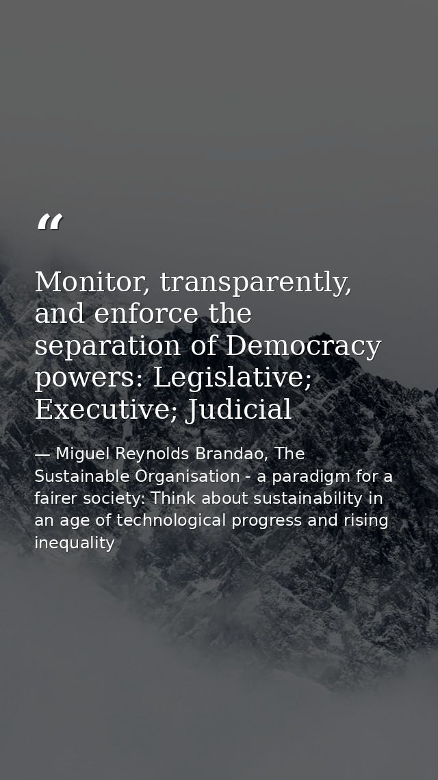 Monitor, transparently, and enforce the separation of Democracy powers: Legislative; Executive; Judicial — Miguel Reynolds Brandao, The Sustainable Organisation - a paradigm for a fairer society: Think about sustainability in an age of technological progress and rising inequality