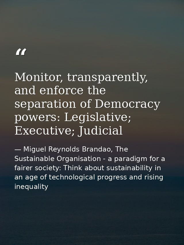 Monitor, transparently, and enforce the separation of Democracy powers: Legislative; Executive; Judicial — Miguel Reynolds Brandao, The Sustainable Organisation - a paradigm for a fairer society: Think about sustainability in an age of technological progress and rising inequality