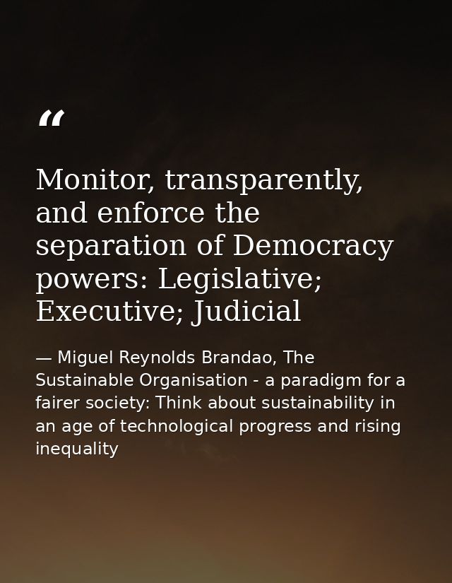 Monitor, transparently, and enforce the separation of Democracy powers: Legislative; Executive; Judicial — Miguel Reynolds Brandao, The Sustainable Organisation - a paradigm for a fairer society: Think about sustainability in an age of technological progress and rising inequality