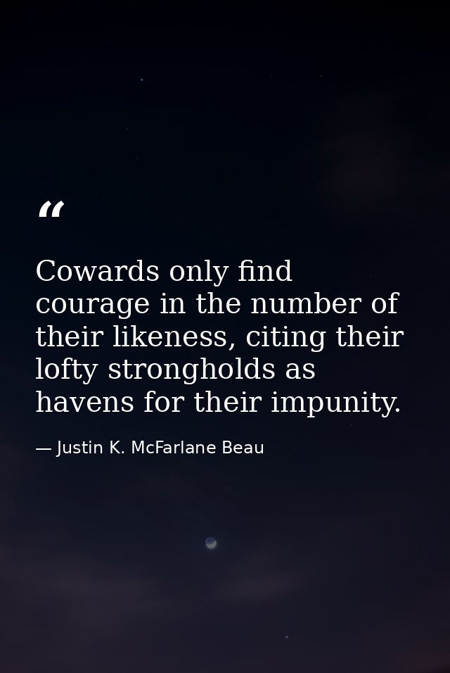 Cowards only find courage in the number of their likeness, citing their lofty strongholds as havens for their impunity. — Justin K. McFarlane Beau