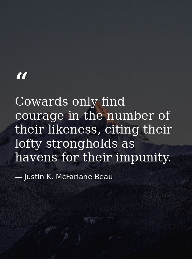 Cowards only find courage in the number of their likeness, citing their lofty strongholds as havens for their impunity. — Justin K. McFarlane Beau