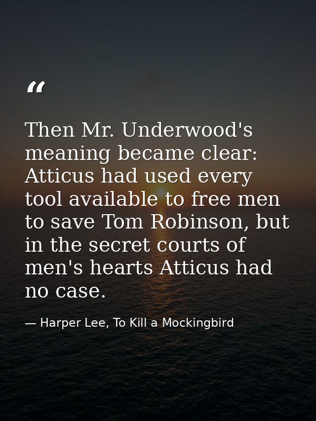 Then Mr. Underwood's meaning became clear: Atticus had used every tool available to free men to save Tom Robinson, but i — Harper Lee, To Kill a Mockingbird