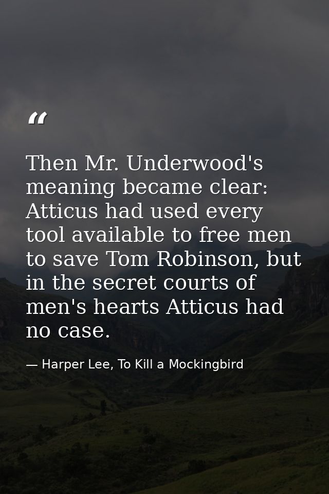 Then Mr. Underwood's meaning became clear: Atticus had used every tool available to free men to save Tom Robinson, but i — Harper Lee, To Kill a Mockingbird