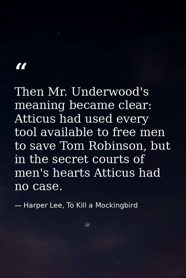 Then Mr. Underwood's meaning became clear: Atticus had used every tool available to free men to save Tom Robinson, but i — Harper Lee, To Kill a Mockingbird