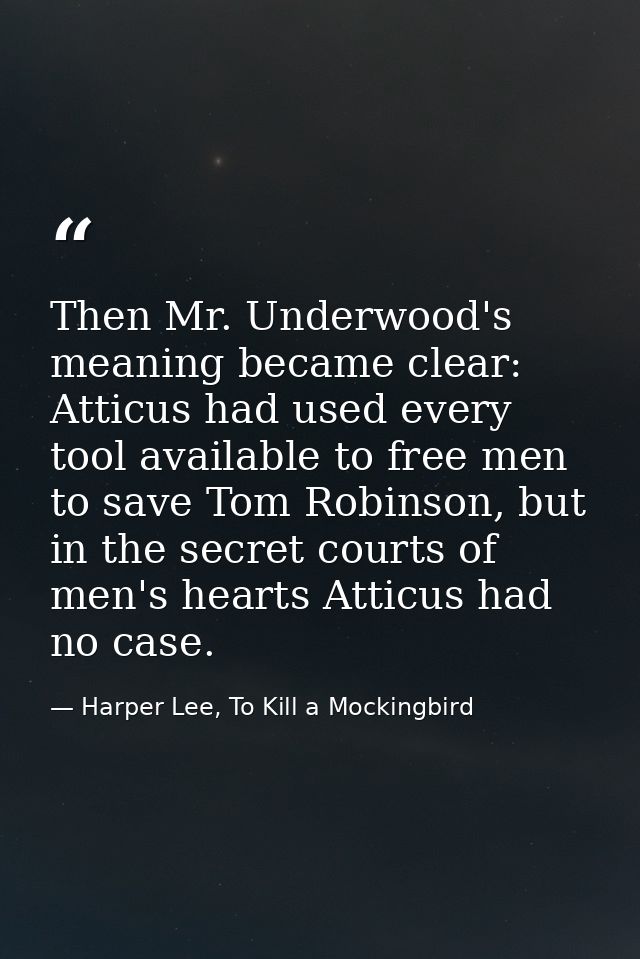 Then Mr. Underwood's meaning became clear: Atticus had used every tool available to free men to save Tom Robinson, but i — Harper Lee, To Kill a Mockingbird