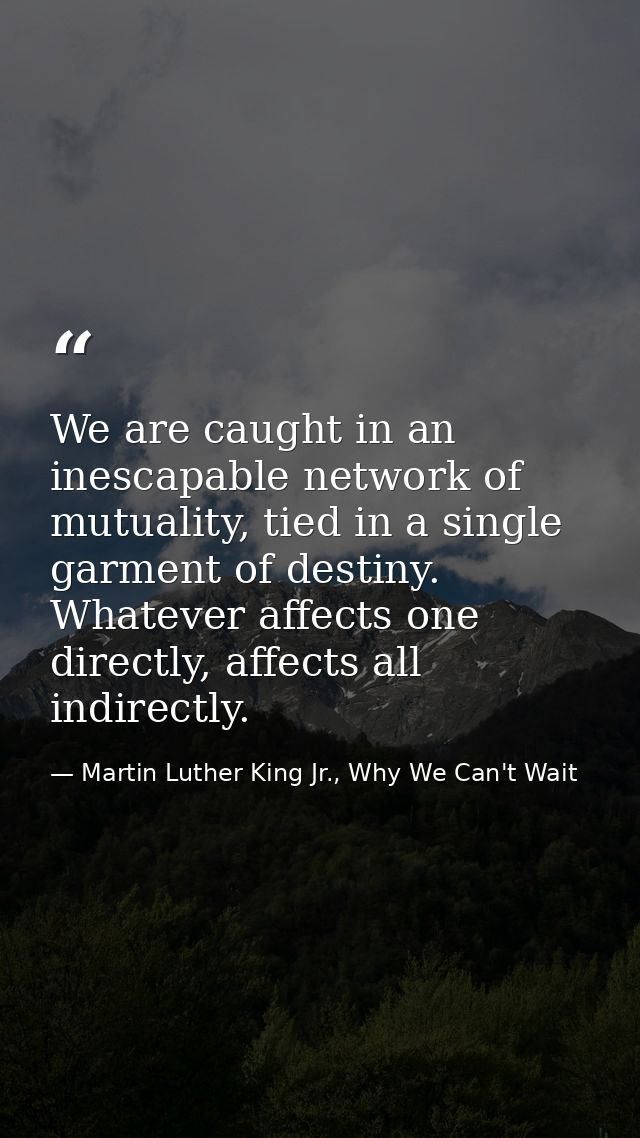 We are caught in an inescapable network of mutuality, tied in a single garment of destiny. Whatever affects one directly — Martin Luther King Jr., Why We Can't Wait