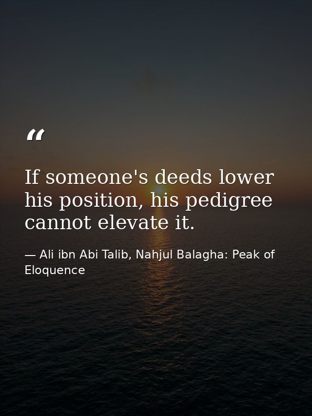 If someone's deeds lower his position, his pedigree cannot elevate it. — Ali ibn Abi Talib, Nahjul Balagha: Peak of Eloquence