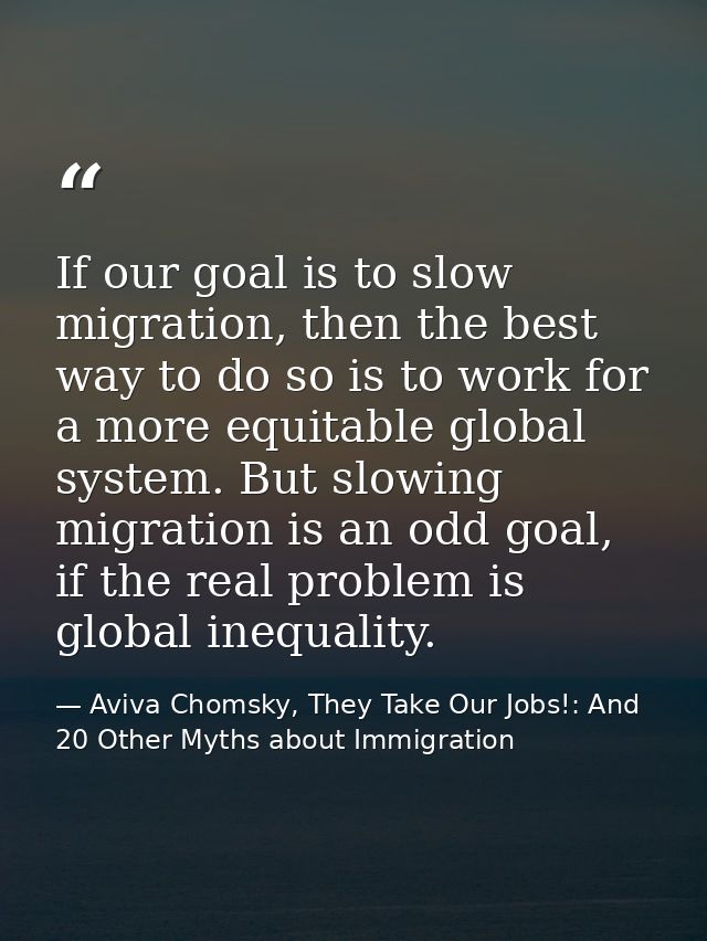 If our goal is to slow migration, then the best way to do so is to work for a more equitable global system. But slowing  — Aviva Chomsky, They Take Our Jobs!: And 20 Other Myths about Immigration