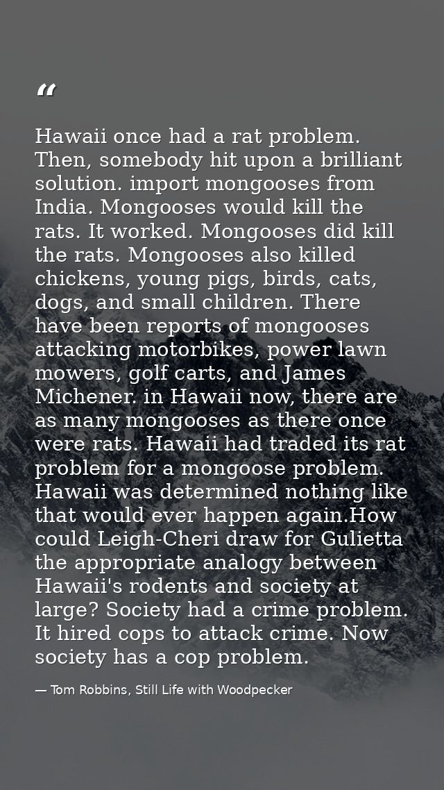 Hawaii once had a rat problem. Then, somebody hit upon a brilliant solution. import mongooses from India. Mongooses woul — Tom Robbins, Still Life with Woodpecker
