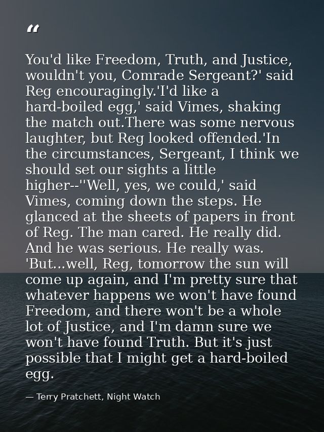 You'd like Freedom, Truth, and Justice, wouldn't you, Comrade Sergeant?' said Reg encouragingly.'I'd like a hard-boiled  — Terry Pratchett, Night Watch