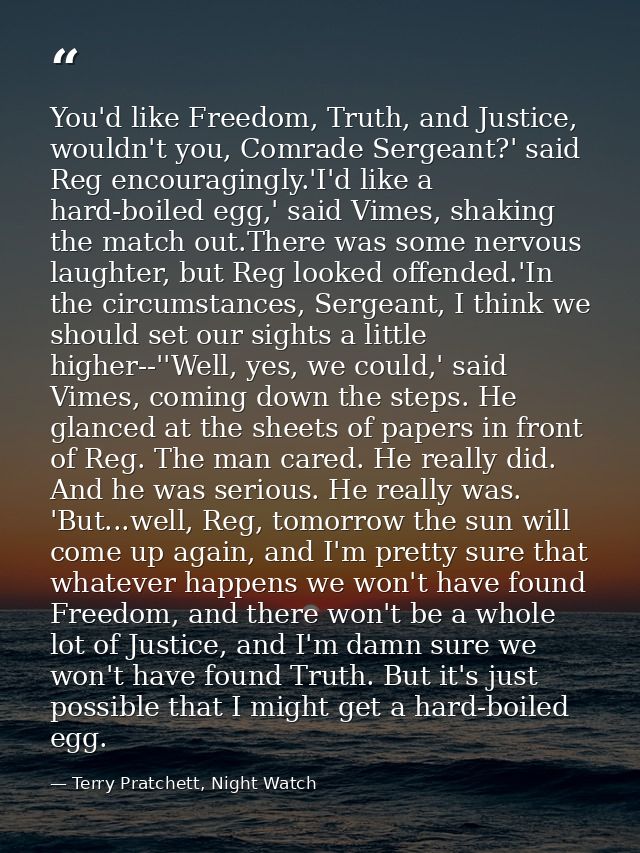 You'd like Freedom, Truth, and Justice, wouldn't you, Comrade Sergeant?' said Reg encouragingly.'I'd like a hard-boiled  — Terry Pratchett, Night Watch