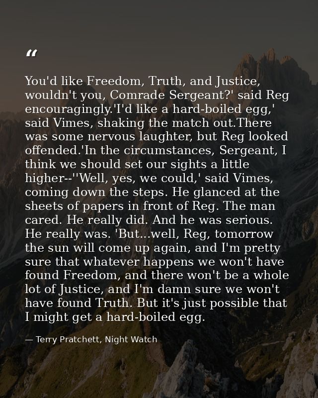 You'd like Freedom, Truth, and Justice, wouldn't you, Comrade Sergeant?' said Reg encouragingly.'I'd like a hard-boiled  — Terry Pratchett, Night Watch