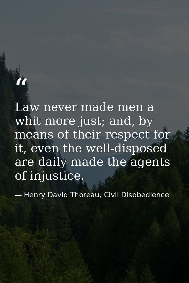 Law never made men a whit more just; and, by means of their respect for it, even the well-disposed are daily made the ag — Henry David Thoreau, Civil Disobedience