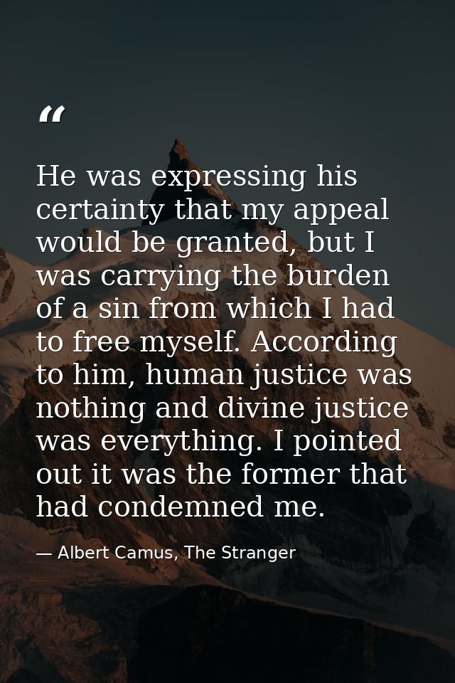 He was expressing his certainty that my appeal would be granted, but I was carrying the burden of a sin from which I had — Albert Camus, The Stranger