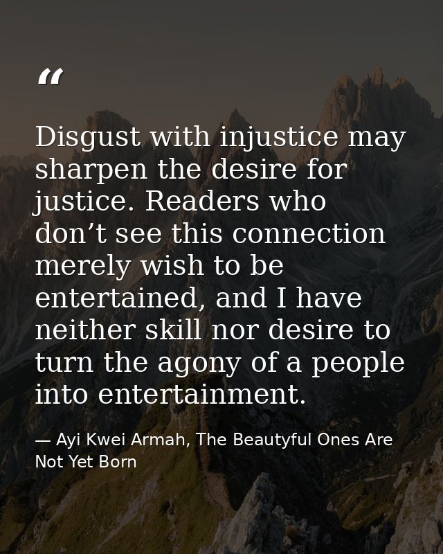 Disgust with injustice may sharpen the desire for justice. Readers who don’t see this connection merely wish to be enter — Ayi Kwei Armah, The Beautyful Ones Are Not Yet Born