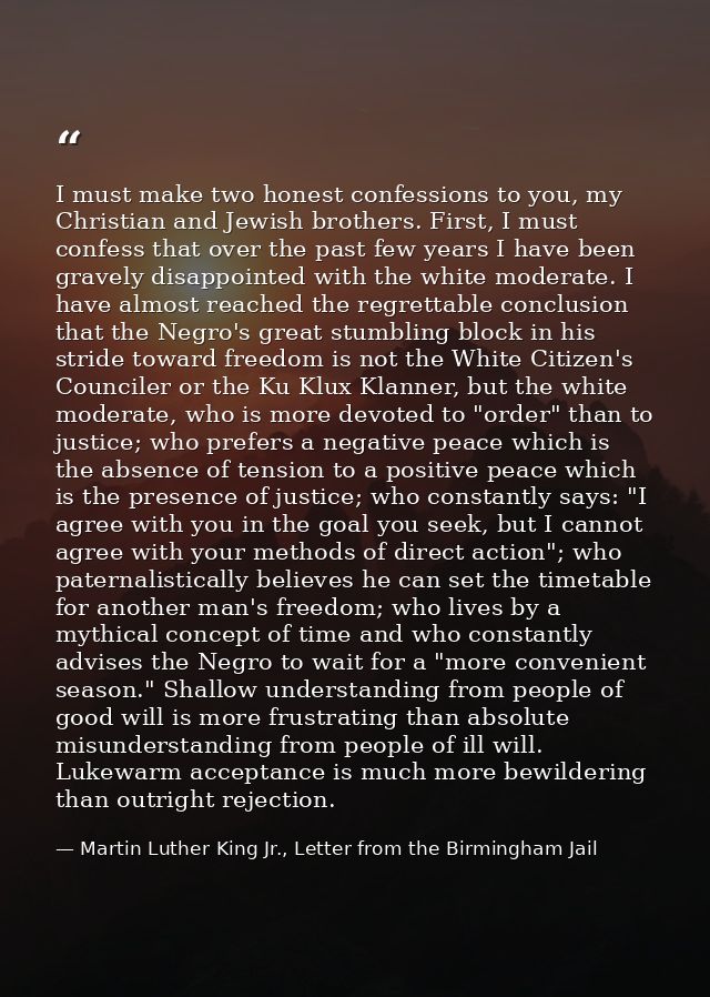 I must make two honest confessions to you, my Christian and Jewish brothers. First, I must confess that over the past fe — Martin Luther King Jr., Letter from the Birmingham Jail