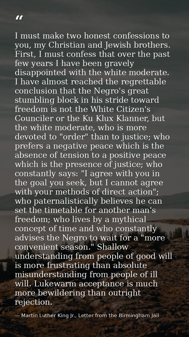 I must make two honest confessions to you, my Christian and Jewish brothers. First, I must confess that over the past fe — Martin Luther King Jr., Letter from the Birmingham Jail