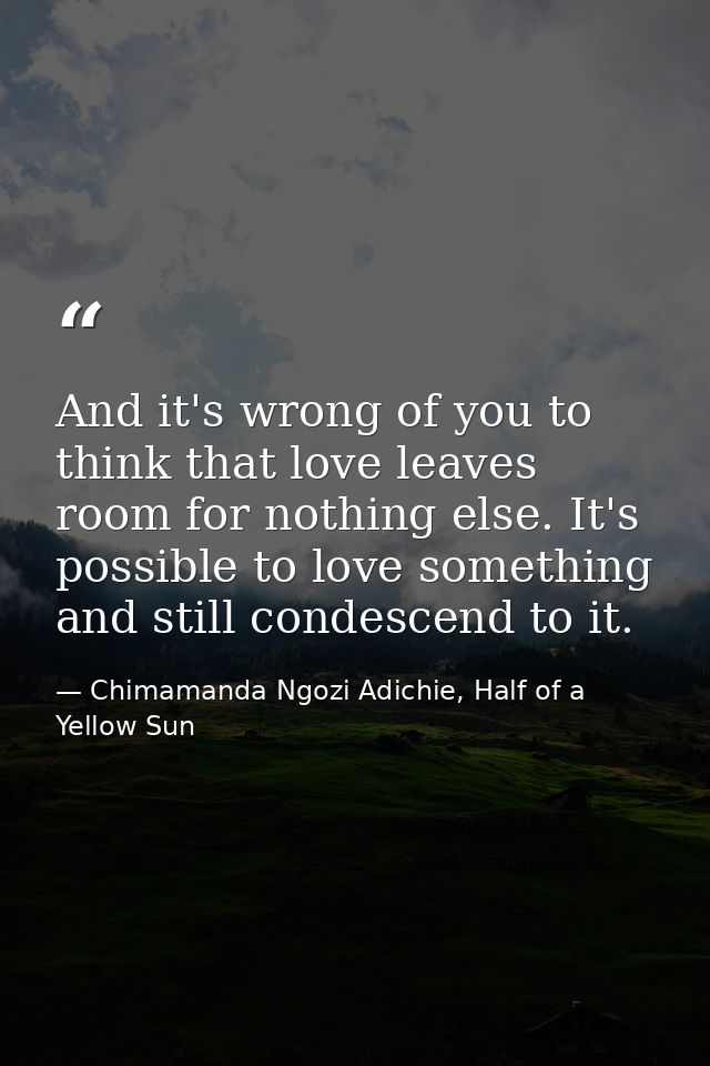 And it's wrong of you to think that love leaves room for nothing else. It's possible to love something and still condesc — Chimamanda Ngozi Adichie, Half of a Yellow Sun