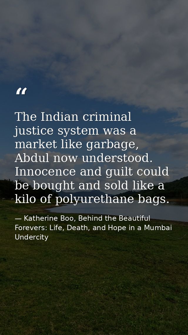 The Indian criminal justice system was a market like garbage, Abdul now understood. Innocence and guilt could be bought  — Katherine Boo, Behind the Beautiful Forevers: Life, Death, and Hope in a Mumbai Undercity